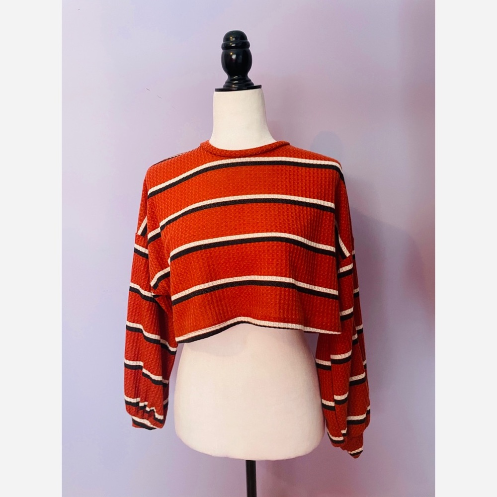 Publik orange striped cropped waffle Henley top